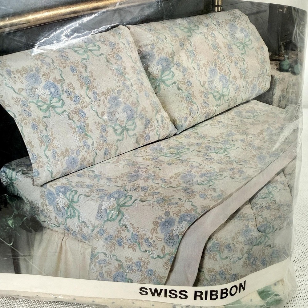 Vintage Bibb Room Concepts Swiss Ribbon Twin Bed 3 Piece Sheet Set New Sealed - Picture 8 of 15